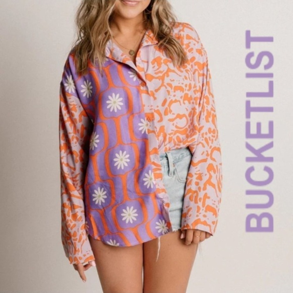 Bucket List Oversized Button Up Retro Floral Print L/s Shirt Orange & Purple L